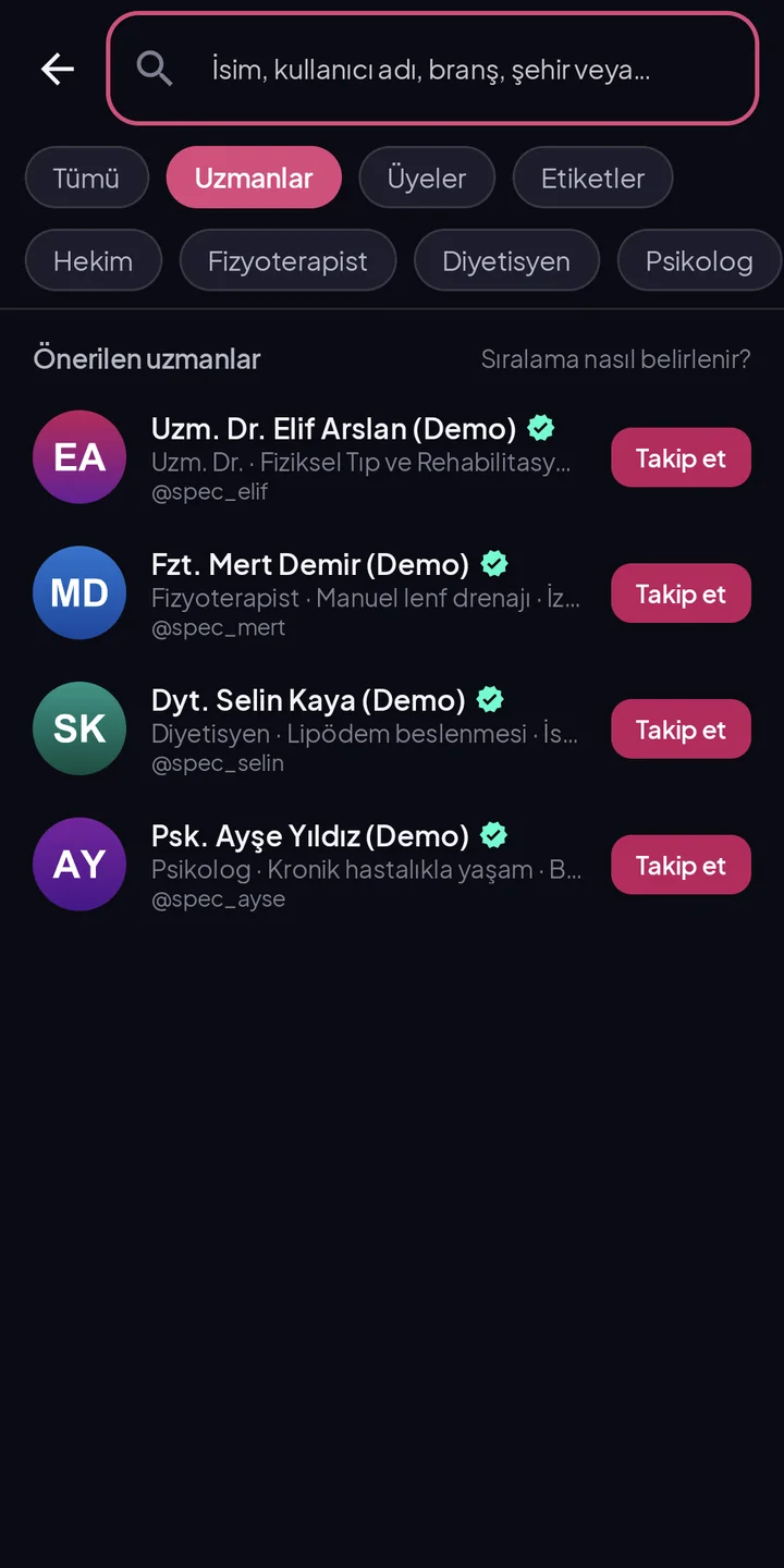 Specialist search screen